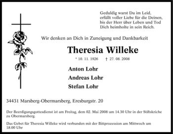 Traueranzeige von Theresia Willeke von Tageszeitung