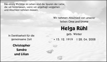 Traueranzeige von Helga Rühl von Tageszeitung