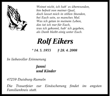 Traueranzeige von Rolf Eikers von Tageszeitung
