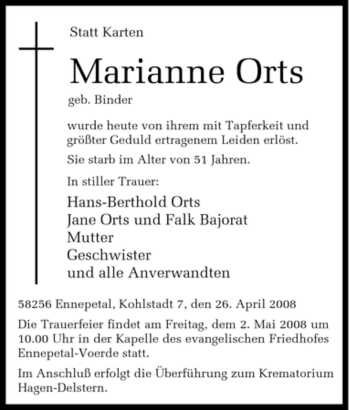 Traueranzeige von Marianne Orts von Tageszeitung