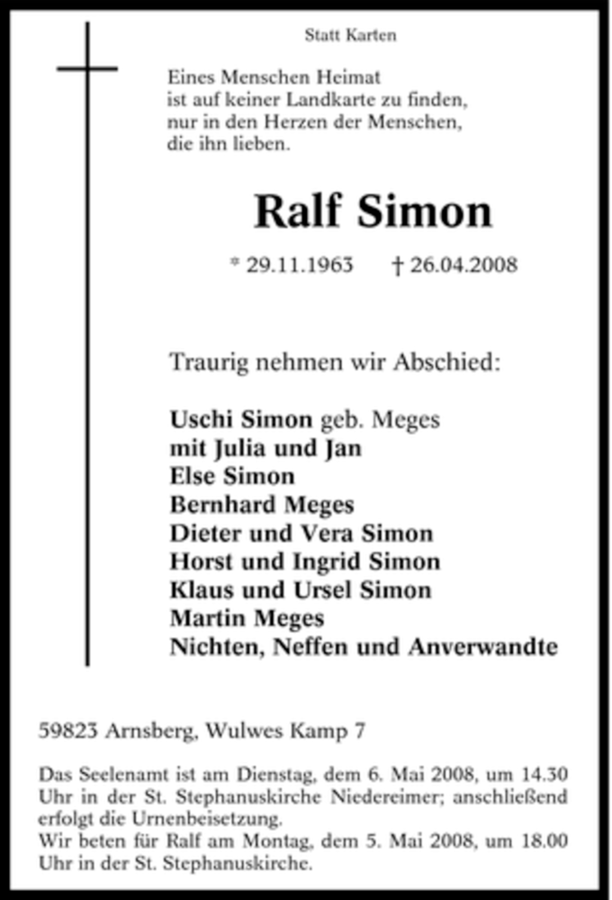 Traueranzeige für Ralf Simon vom 30.04.2008 aus Tageszeitung