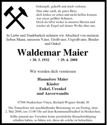 Traueranzeige von Waldemar Maier von Tageszeitung