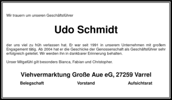 Traueranzeige von Udo Schmidt von Tageszeitung