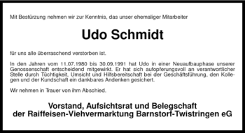 Traueranzeige von Udo Schmidt von Tageszeitung