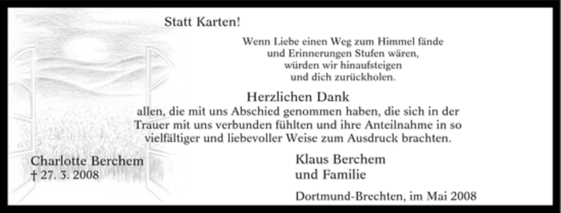  Traueranzeige für Charlotte Berchem vom 01.05.2008 aus Tageszeitung