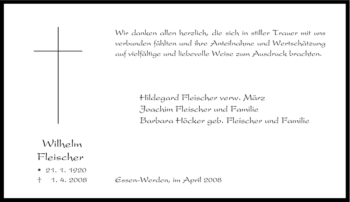 Traueranzeige von Wilhelm Fleischer von Tageszeitung