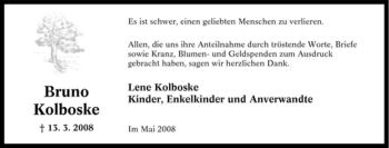 Traueranzeige von Bruno Kolboske von Tageszeitung