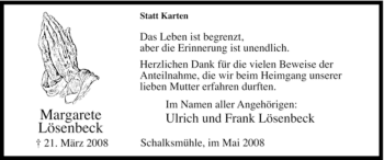 Traueranzeige von Margarete Lösenbeck von Tageszeitung