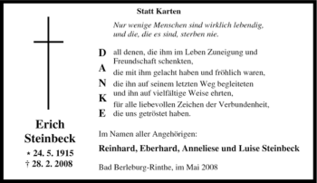 Traueranzeige von Erich Steinbeck von Tageszeitung