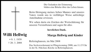 Traueranzeige von Willi Hellwig von Tageszeitung