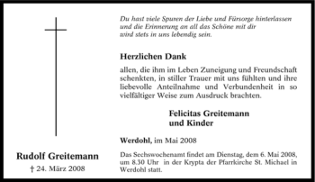 Traueranzeige von Rudolf Greitemann von Tageszeitung