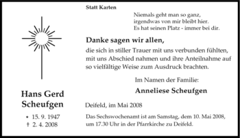 Traueranzeige von Hans Gerd Scheufgen von Tageszeitung