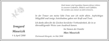 Traueranzeige von Irmgard Maseizik von Tageszeitung