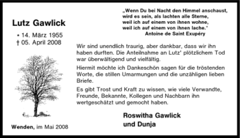 Traueranzeige von Lutz Gawlick von Tageszeitung