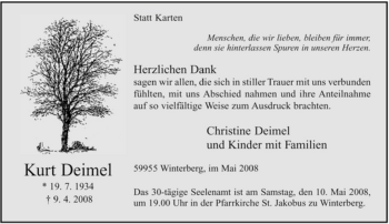 Traueranzeige von Kurt Deimel von Tageszeitung