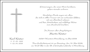 Traueranzeige von Karl Köster von Tageszeitung