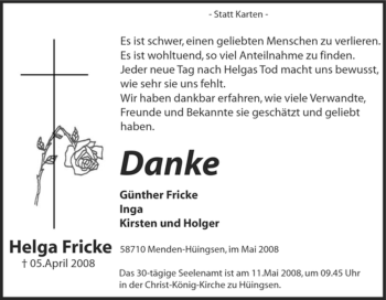 Traueranzeige von Helga Fricke von Tageszeitung