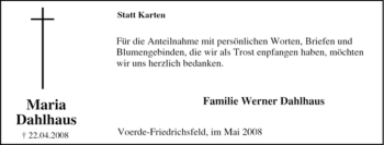 Traueranzeige von Maria Dahlhaus von Tageszeitung