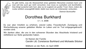 Traueranzeige von Dorothea Burkhard von Tageszeitung