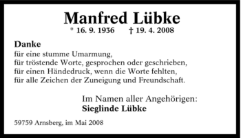 Traueranzeige von Manfred Lübke von Tageszeitung