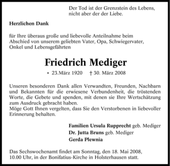 Traueranzeige von Friedrich Mediger von Tageszeitung