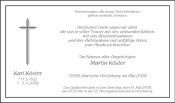 Traueranzeige von Karl Köster von Tageszeitung