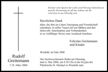 Traueranzeige von Rudolf Greitemann von Tageszeitung