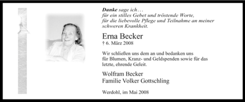  Traueranzeige für Erna Becker vom 03.05.2008 aus Tageszeitung
