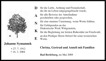 Traueranzeige von Johanne Symannek von Tageszeitung