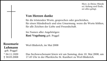Traueranzeige von Rosemarie Luhmann von Tageszeitung