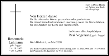 Traueranzeige von Rosemarie Luhmann von Tageszeitung