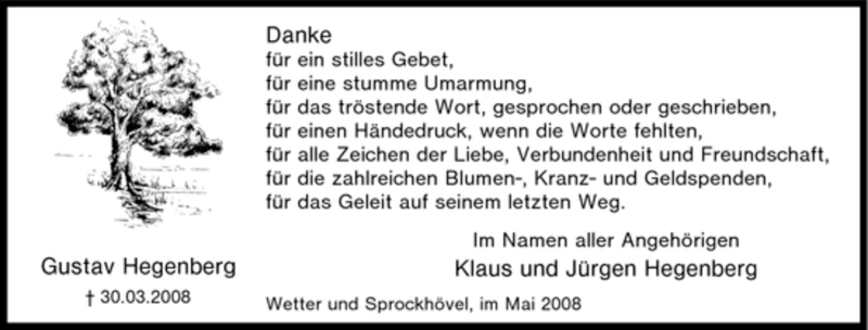  Traueranzeige für Gustav Hegenberg vom 07.05.2008 aus Tageszeitung