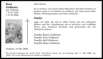 Traueranzeige von Rosa Gräbener von Tageszeitung
