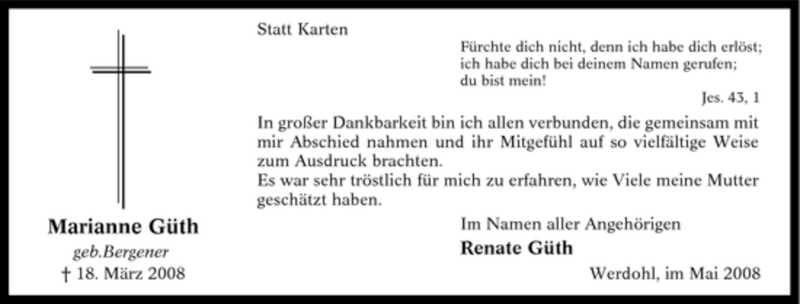  Traueranzeige für Marianne Güth vom 08.05.2008 aus Tageszeitung