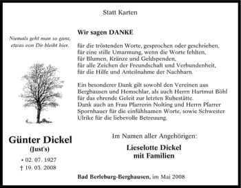 Traueranzeige von Günter Dickel von Tageszeitung