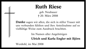 Traueranzeige von Ruth Riese von Tageszeitung