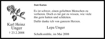 Traueranzeige von Karl Heinz Unger von Tageszeitung