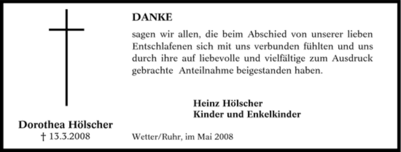  Traueranzeige für Dorothea Hölscher vom 10.05.2008 aus Tageszeitung