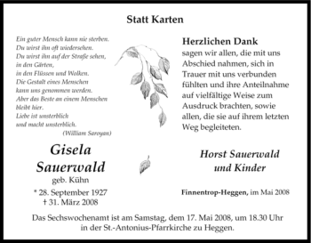 Traueranzeige von Gisela Sauerwald von Tageszeitung