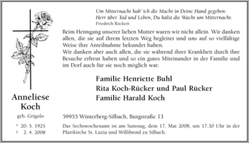 Traueranzeige von Anneliese Koch von Tageszeitung