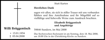Traueranzeige von Willi Brüggentisch von Tageszeitung