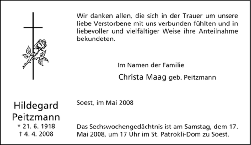  Traueranzeige für Hildegard Peitzmann vom 10.05.2008 aus Tageszeitung