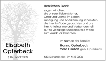 Traueranzeige von Elisabeth Opterbeck von Tageszeitung