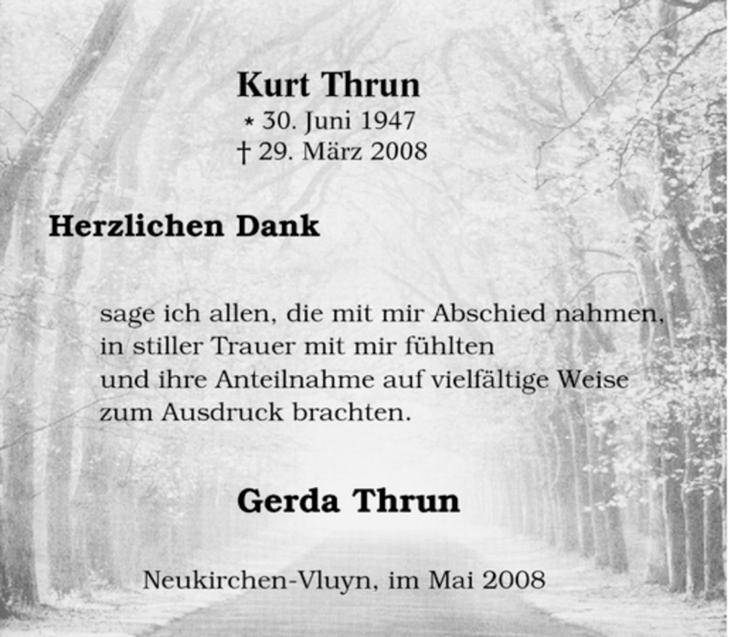  Traueranzeige für Kurt Thrun vom 10.05.2008 aus Tageszeitung
