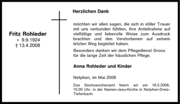 Traueranzeige von Fritz Rohleder von Tageszeitung