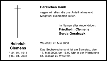 Traueranzeige von Heinrich Clemens von Tageszeitung