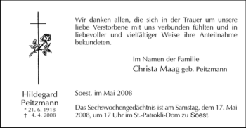 Traueranzeige von Hildegard Peitzmann von Tageszeitung