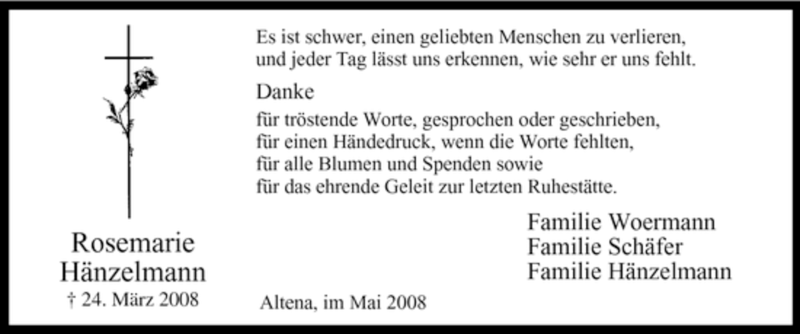  Traueranzeige für Rosemarie Hänzelmann vom 10.05.2008 aus Tageszeitung