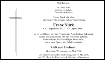 Traueranzeige von Franz Nurk von Tageszeitung