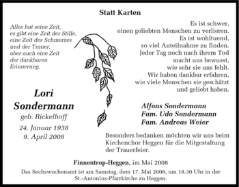 Traueranzeige von Lori Sondermann von Tageszeitung